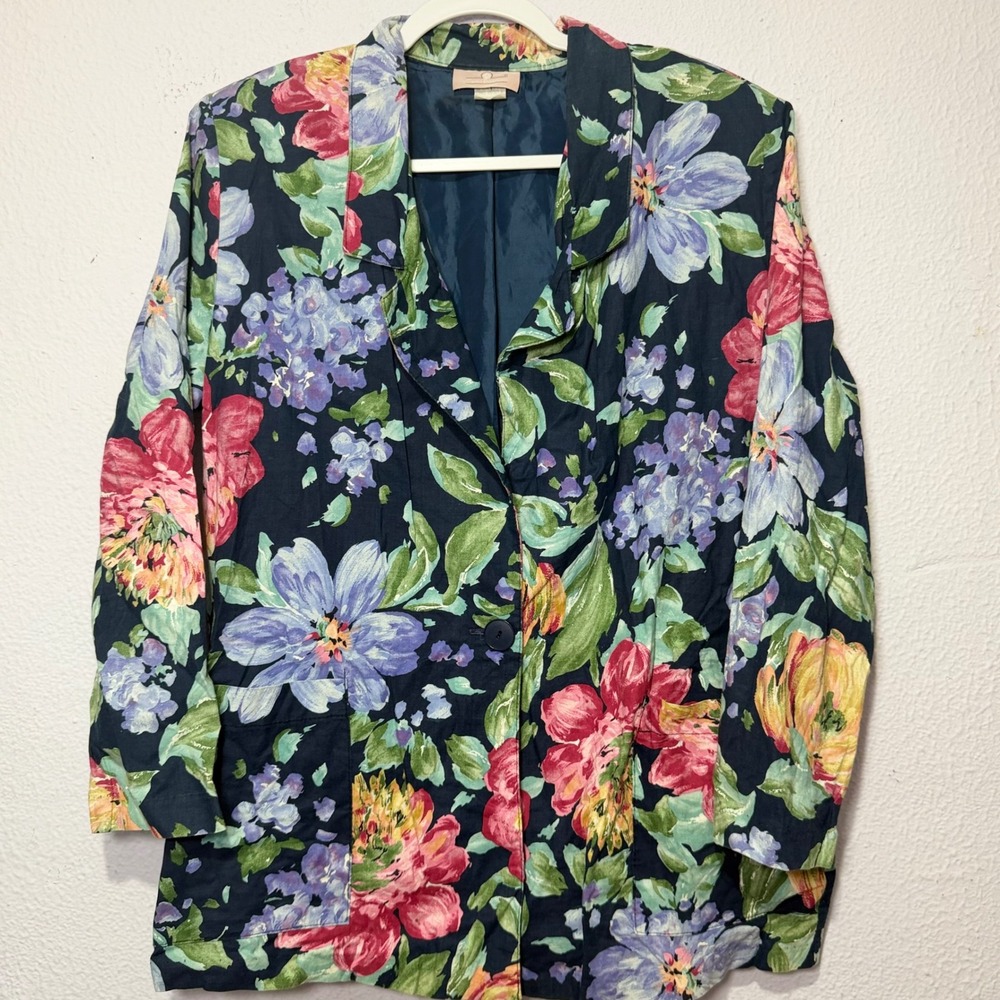Vintage Classic Directions Floral Cottagecore Blazer 18 Navy Blue 90s Oversized
